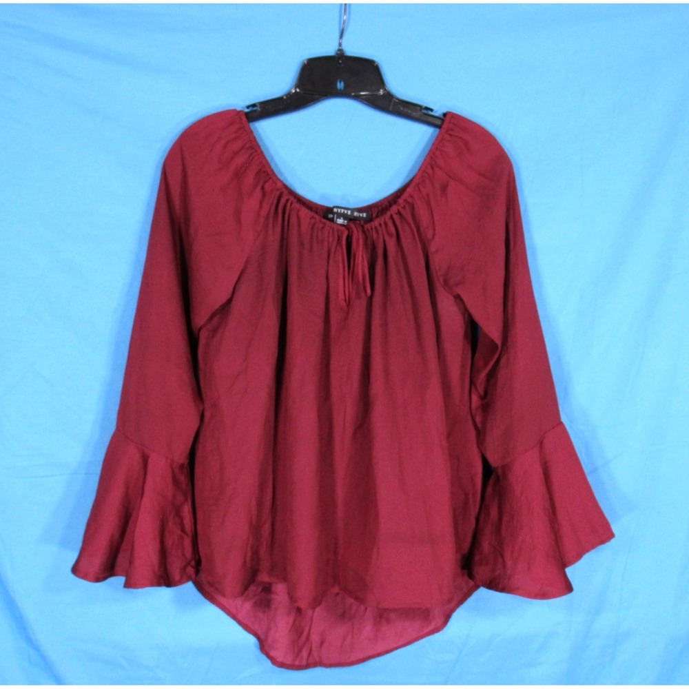 HYFVE Maroon SATIN Tie Off-The Shoulder BELL SLEEVE High-Low BLOUSE/TOP Sz L